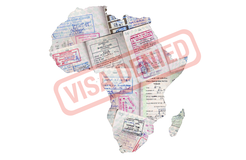 “Visa refusé”. Image représentant le contour de l'Afrique par Natasha Sinegina (CC BY-SA 4.0). Images représentant des visas par Jon Evans (CC BY 2.0). Image recomposée par Georgia Popplewell.